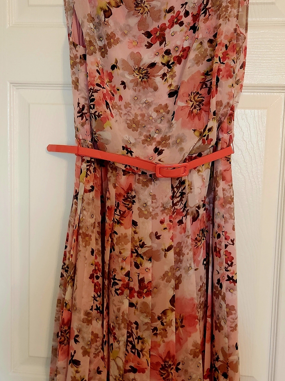 Dress Barn Floral Pink Sleeveless Belted Midi Dress